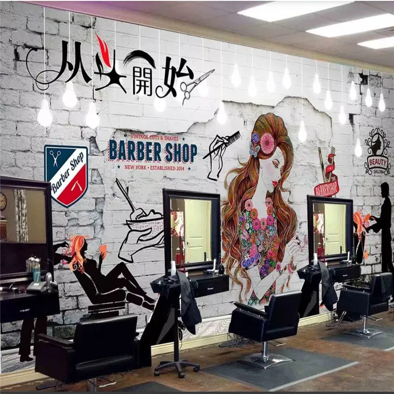 

Custom Text Beauty Salon Hair Salon Wall Paper 3D Barber Shop Industrial Decor White Brick Wall Background Mural Wallpaper 3D