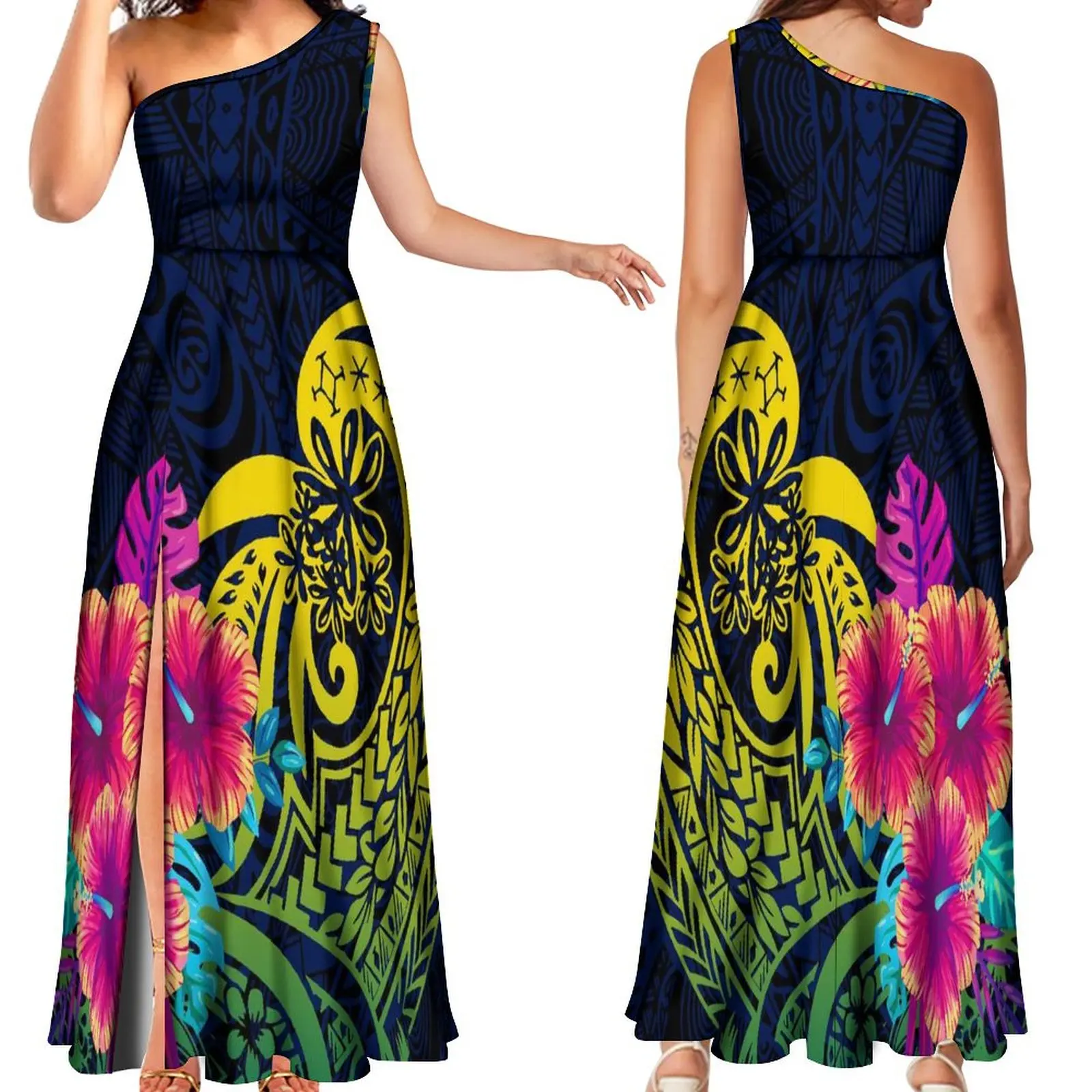 2024 New Polynesian Art Print Vintage Maxi Dress Women'S Sleeveless Maxi Dress With Diagonal Collar Samoa Cocktail Evening Dress