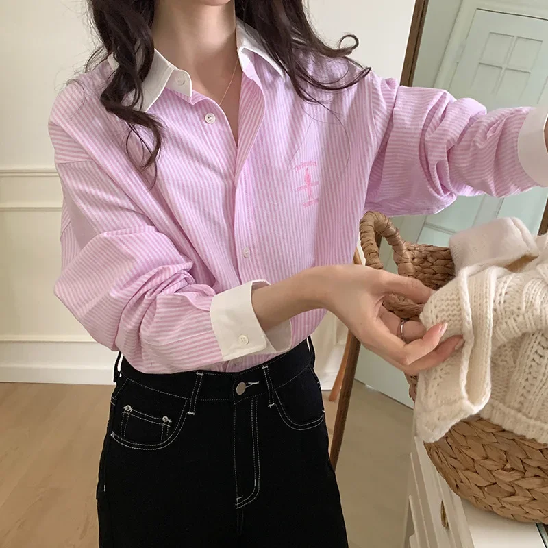 Embroidered Striped Shirt Women's Autumn Korean Version Versatile Casual Pink Shirt Top