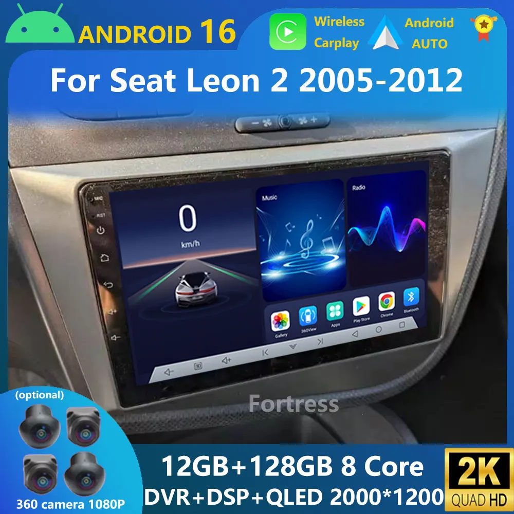 Android 16 Radio de coche 2k pantalla para Seat Leon 2 Mk2 2005 - 2012 Carplay Auto reproductor de vídeo Multimedia GPS 4G WIFI unidad principal DSP 1