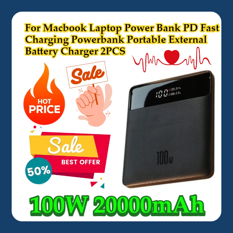 

For Macbook Laptop 100W 20000mAh Power Bank PD Fast Charging Powerbank Portable External Battery Charger 2PCS