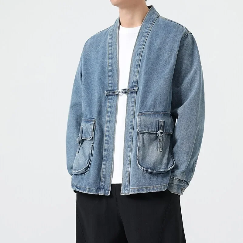 Fashion Men Denim Jacket Cotton Kimono Japanese Pocket Cardigan Coat Vintage Traditional Jackets Men Hip Hop Loose Outwear