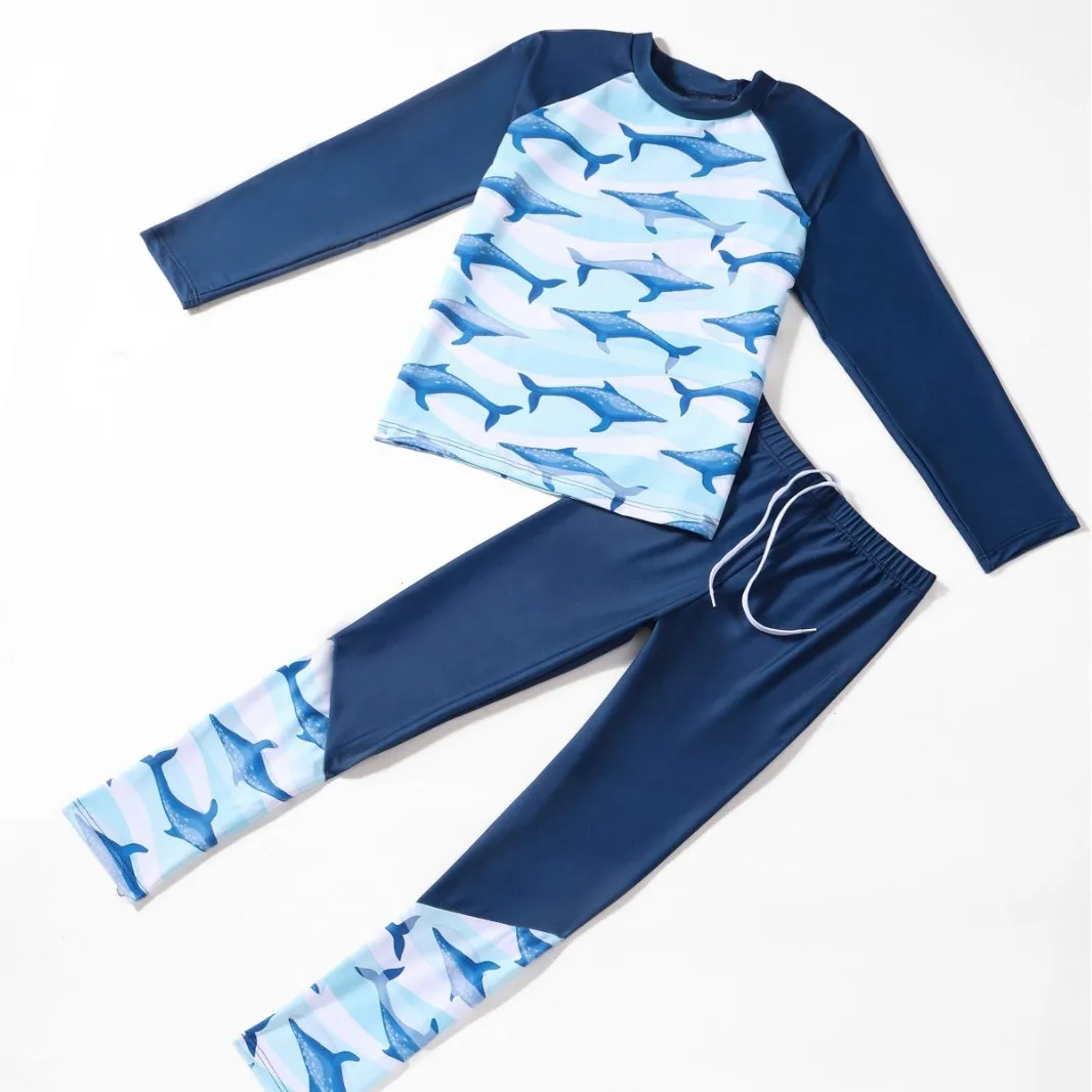 Boys Summer Two-piece Swimsuit Kids Long Sleeve Sun-protective Quick-Dry Cartoon Shark Whale Print Swimwear Baby Bathing Suit