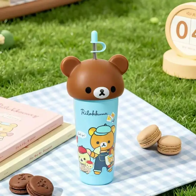 In Stock Rilakkuma Straw Insulated Water Bottle 635ml Stainless Steel Leakproof Thermal Cup For Outdoor Daily Use Surprise Gifts