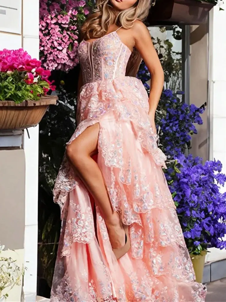 Spaghetti Straps A-Line prom Dress 2024 Up High Split Cake Dress Appliques Sequins Lace Ruffle Tiered Princess Dress