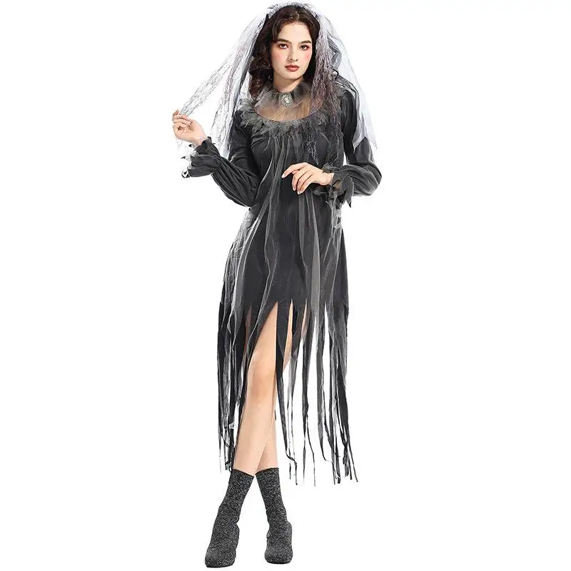 

Adult Women Vampire Zombie Black Ghost Bride Lace Dress Cosplay Costume Halloween Party Role Playing Outfit