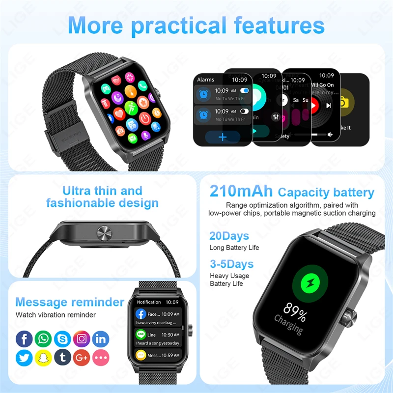 LIGE 2024, женские умные часы, 1,85-дюймовый HD-экран, беспроводной вызов, AI, голосовой помощник, часы для здоровья, спорта, умные часы для мужчин для Xiaomi