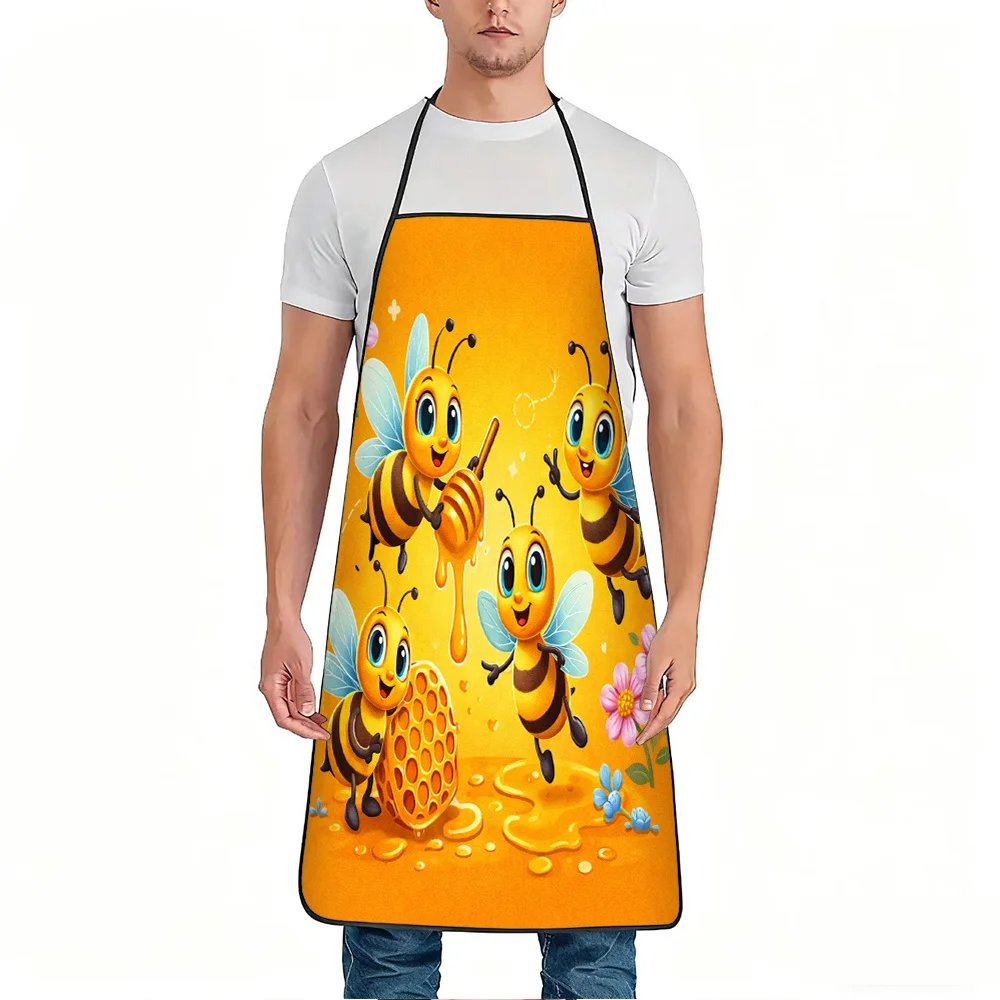 Cute Bee & Honeycomb Apron, Cartoon Beekeeper Kitchen Bib, Yellow Animal Cooking Gift for Women Kids Baking Home Decor