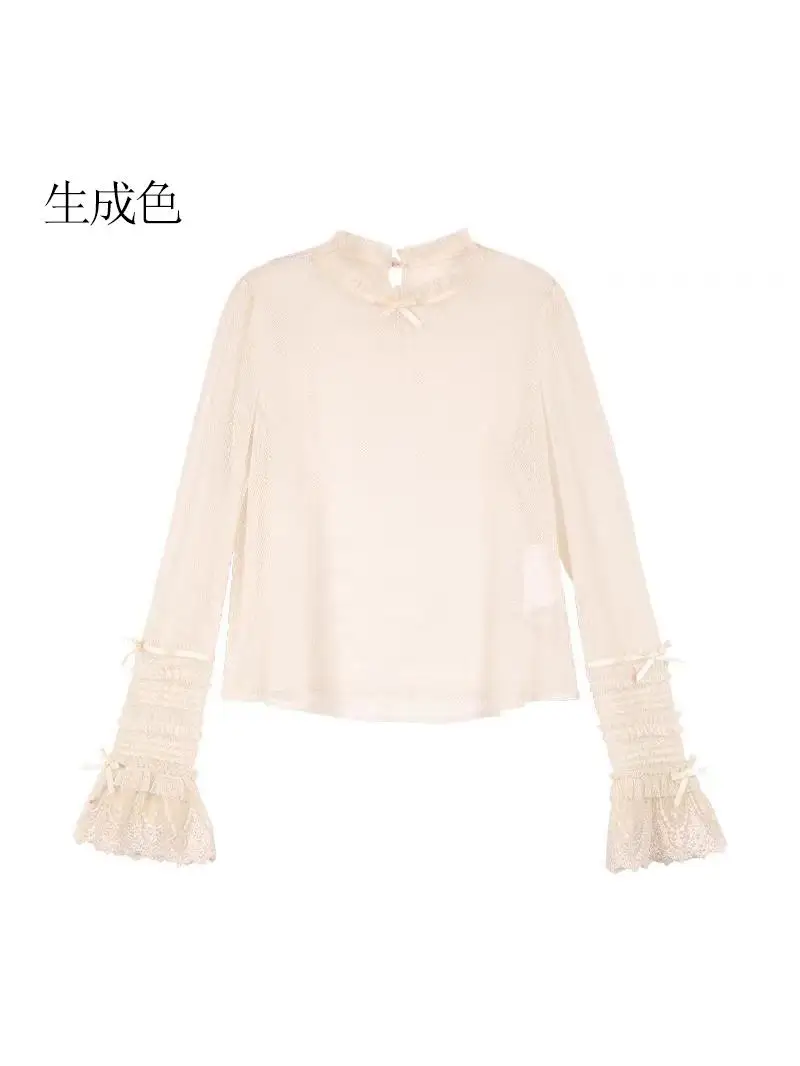 Lolita Elegant Long-sleeved Lace Gauze round neck Bottoming Shirt Spring and Autumn New Sweet Retro Halloween Versatile Top