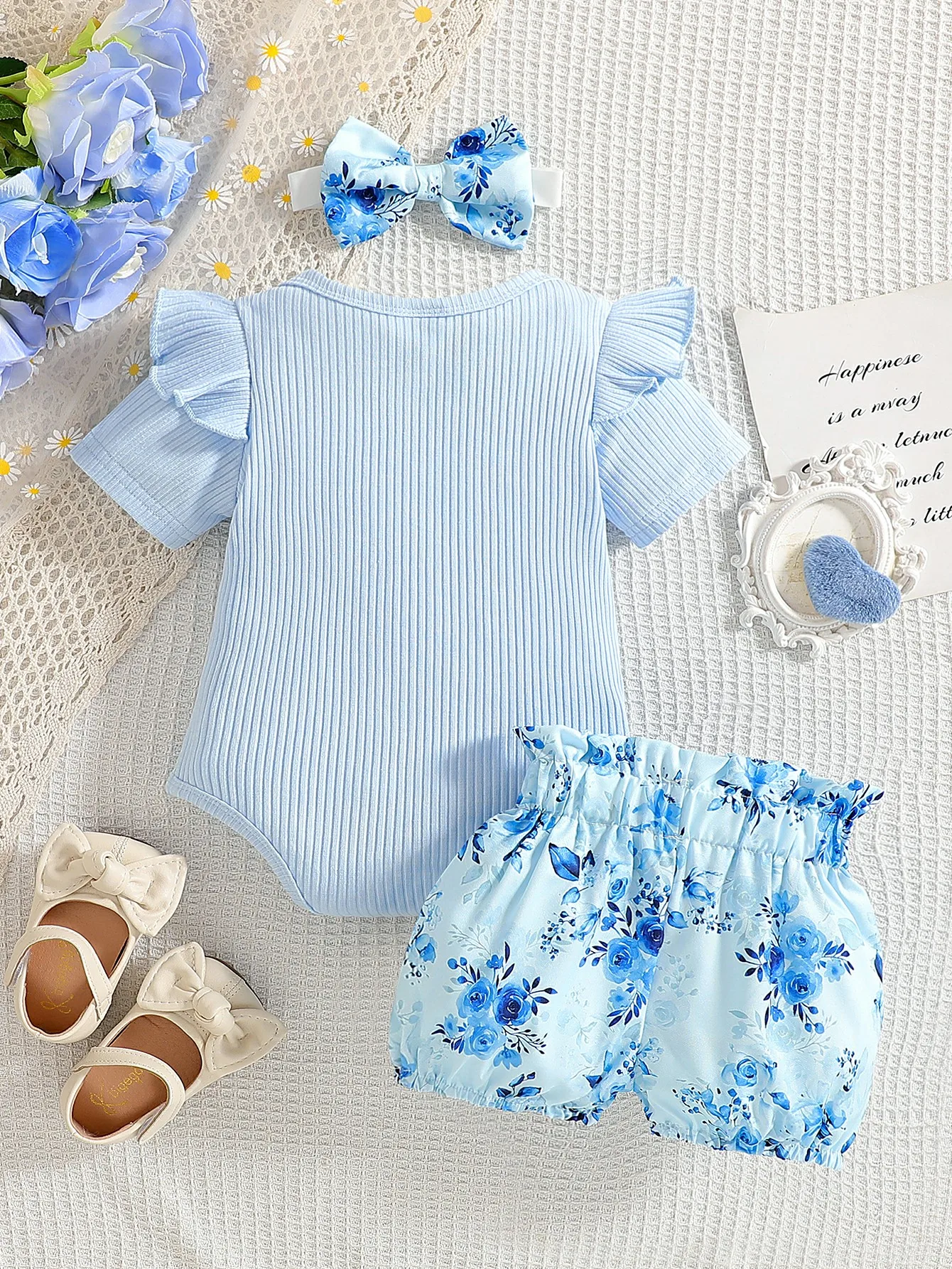 Fashion Baby Girl 3-Piece Set, Headband + Printed Top + Shorts