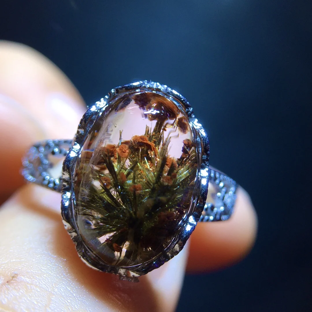 Natürlicher Gold-Rutil-Verstellbarer Ring Blumen-Design Große Damenringe 925 Silber 13,4/9,2mm Gold-Rutil-Perlen AAAAAA