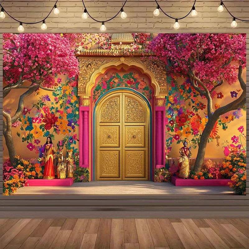 1pc,Indian Wedding Mandap Golden Door Floral Trees 2DFlat Tapestry Backdrop For Hindu Ceremony PhotoBooth Wall Hanging Art Print