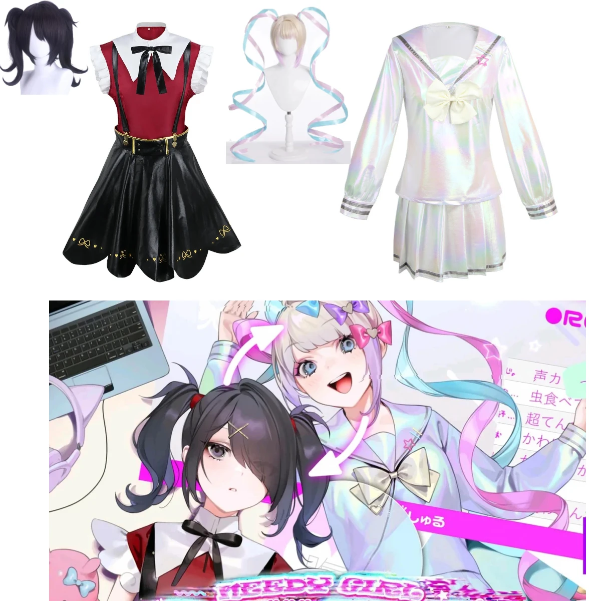 Spiel Needy Girl Overdose KAngel Cosplay Kostüm Perücken Schuhe JK Uniform Lederrock Set Abyss KAngel Ame Chan Cosplay Kostüm