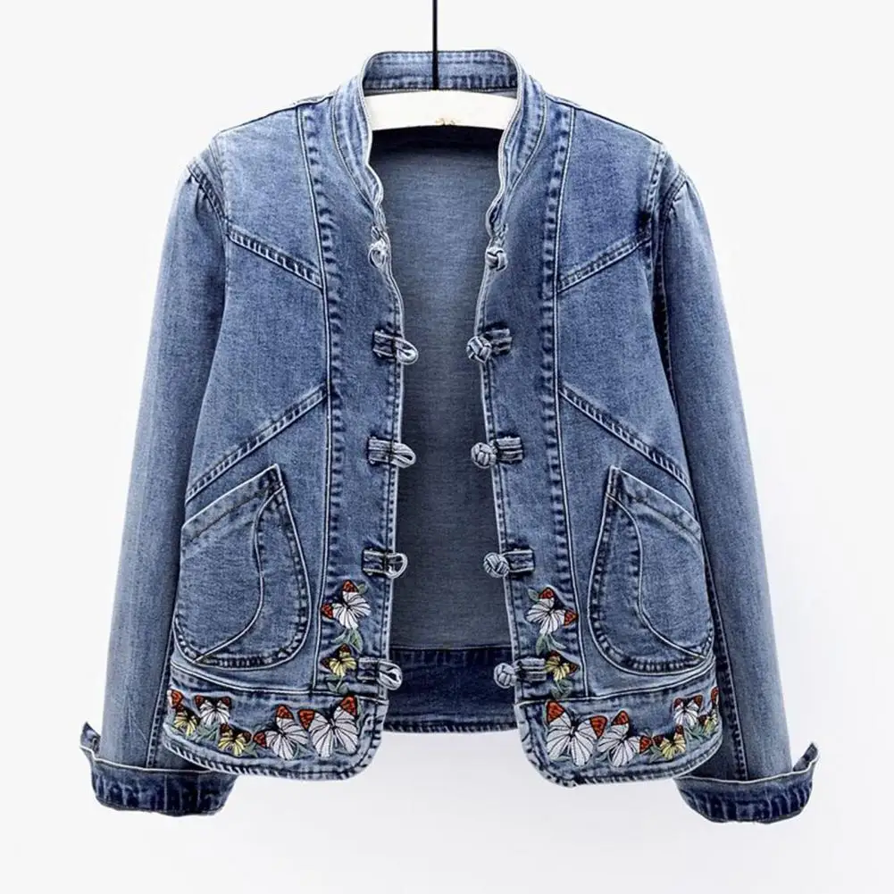 

Women Denim Jacket Butterfly Embroidery Single-breasted Long Sleeve Outerwear Solid Color Turn-down Collar Chinese Style Coat