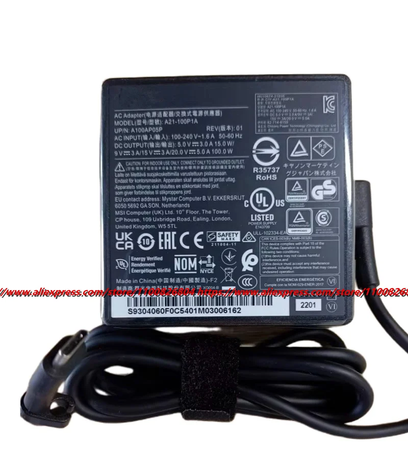 Genuine 20V 5A Type C A21-100P1A ​A100AP05P Laptop AC Adapter Charger For MSI SUMMIT E15 Power Supply S93-04060E0-D04 S9304060F