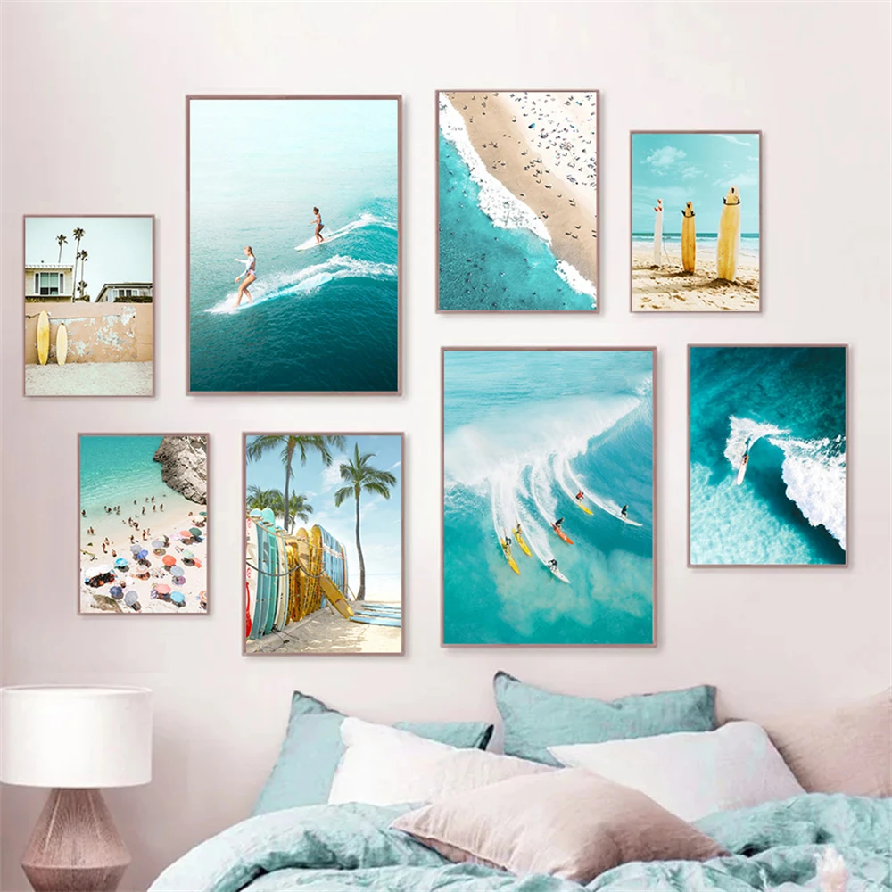 

Summer Sea Surfing Poster Prints Beach Canvas Painting Surfboard Wall Art Palm Print Nordic Wall Pictures Living Room Home Decor