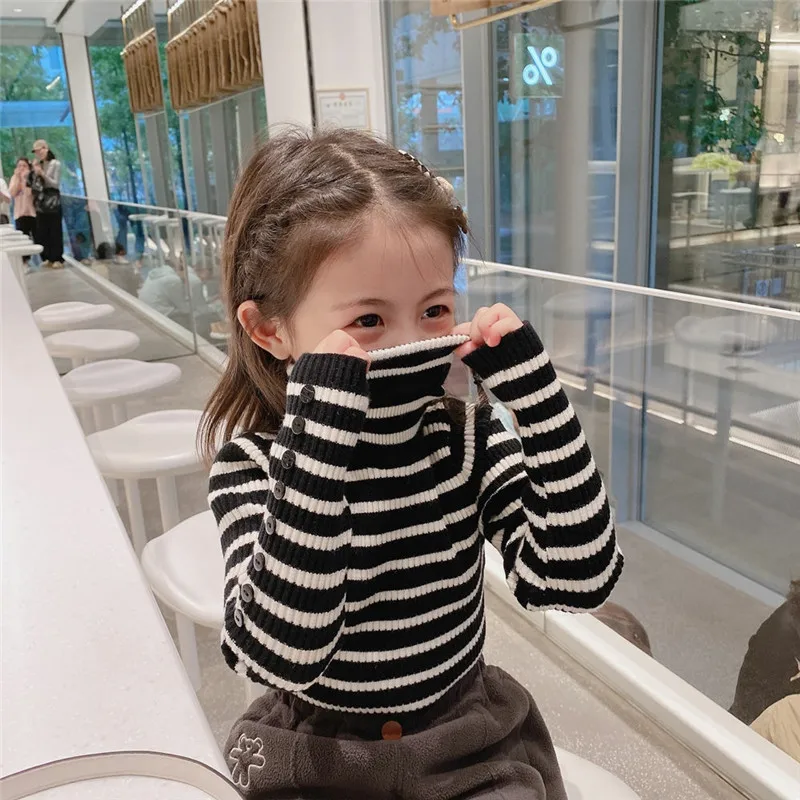 

Autumn Winter Girls Shirt Fashionable Comfortable Korean Style High Neck Striped Plush Solid Color Thickened Top