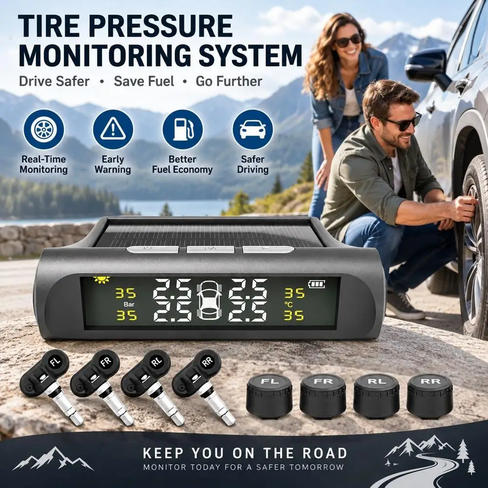 Tire Pressure Solar TPMS Car Tyre Pressure Monitoring System Power Auto Security Alarm Systems Power External Sensor Auto Access