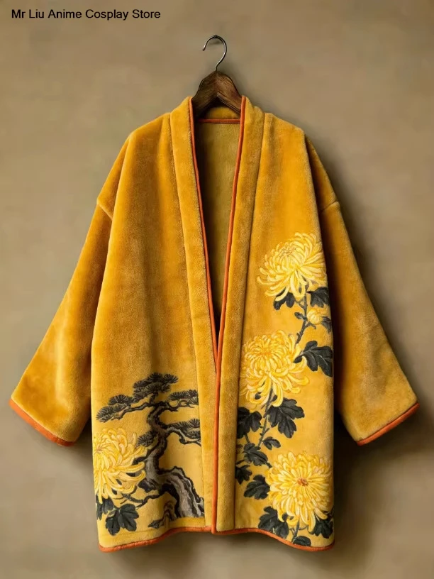 Autumn Winter New Japanese Kimono Yukata Samurai For Men And Women Print Flannel Coat Harajuku Cardigan Haori Kimono