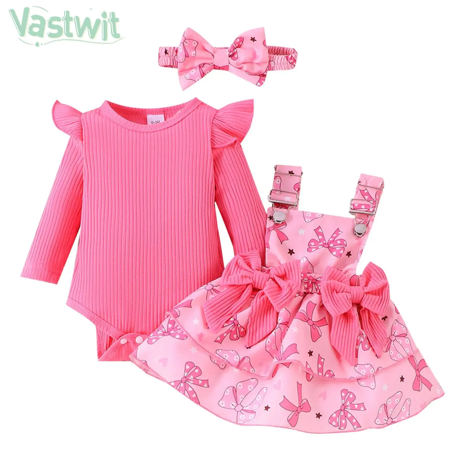 Baby Girls Long Sleeve Ruffled Romper with Print Adjustable Suspender Skirt Headband Birthday Party Daily Photography Outfit