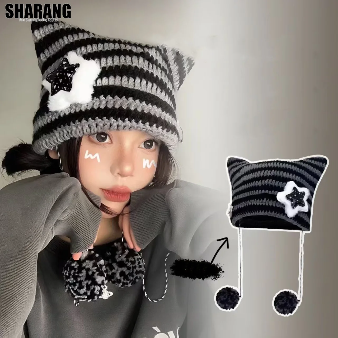 مخطط محبوك قبعة صوف الكروشيه قبعة صغيرة قبعة آذان القط وأشار البلوز قبعة Ins لطيف ستار ديكور معلقة الكرة قبعة مترهل