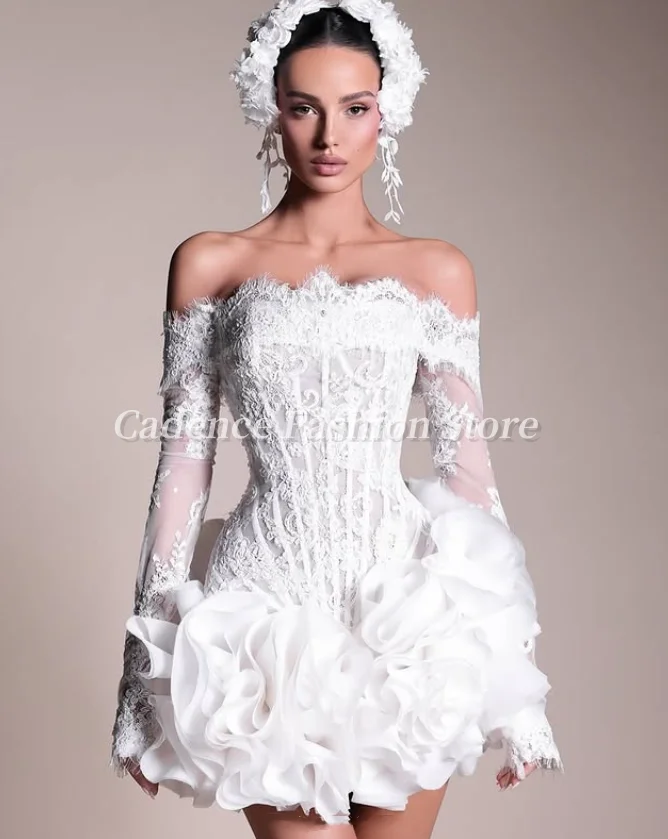 Customized  Sweetheart Strapless Arabian Wedding Dresses Corset Lace Applique Ruffle Short Dress Middle East Bridal Gowns
