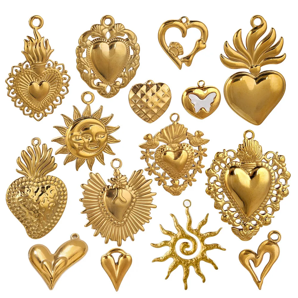 5pcs Stainless Steel Heart Sun Charms Connectors Gold-Plated PVD for DIY Necklaces Bracelet Jewelry Making Accessories Wholesale