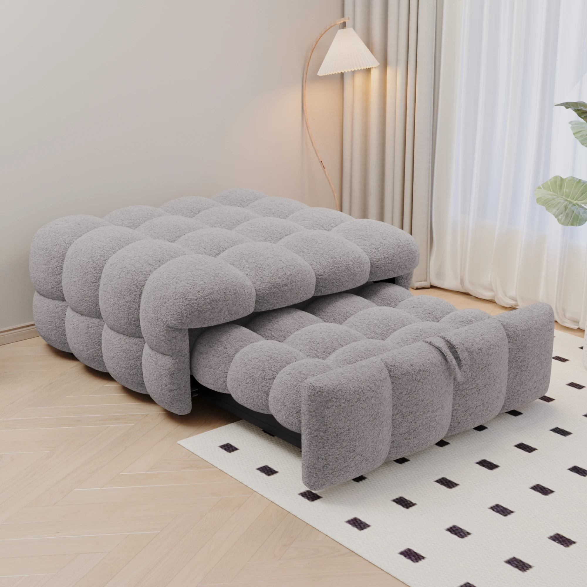 Banquette convertible - Lit pliant 2-en-1 avec lit d'appoint, tissu pelucheux Teddy, gris, 183x76x42 cm