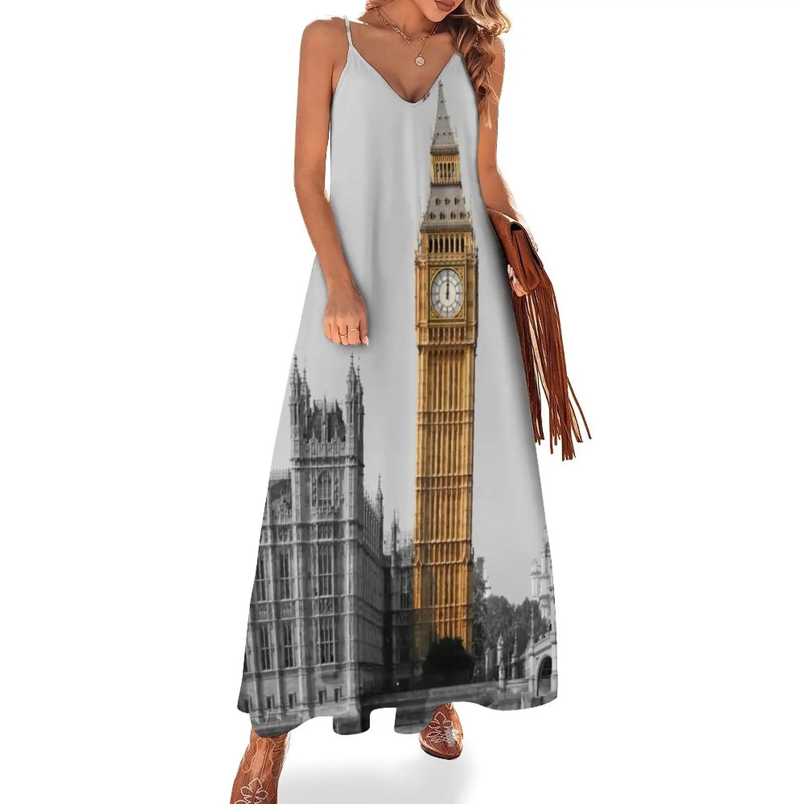 

Big Ben Print London Black White and Gold Sleeveless Dress Dress for pregnant women womans clothing elegant guest wedding dress