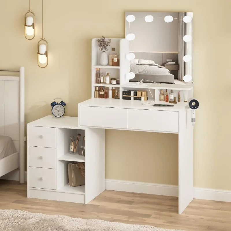 Dressing Table with Light and Charging Station, White Multipurpose Dressing Table, 5 Drawers and Storage Racks, Suitable For