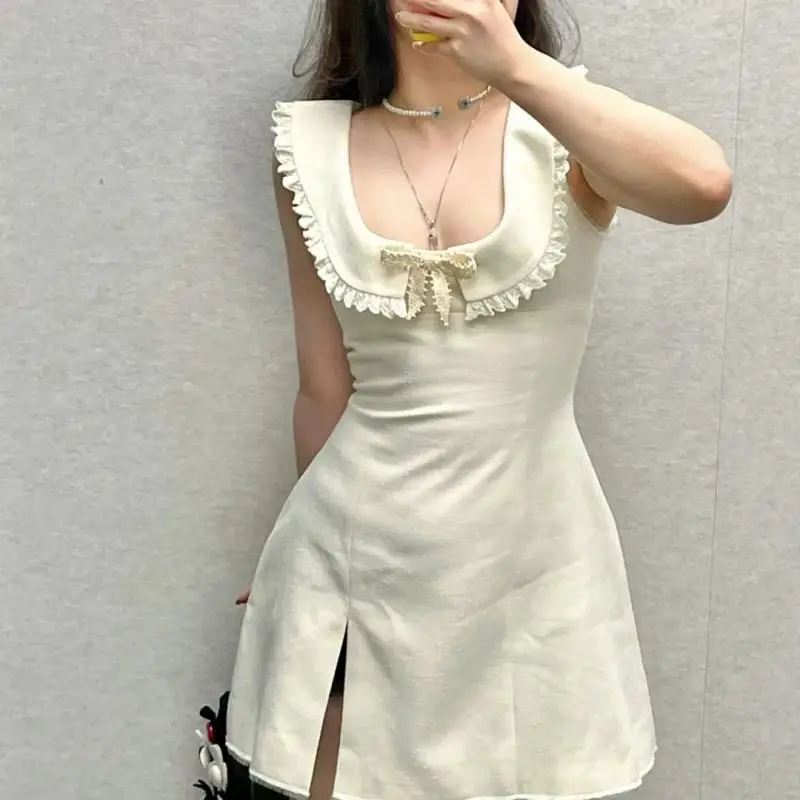 Brand Hand Beaded Bow Half Round Neck Sleeveless High Waist Chic Dress Side Slit Raw Edge Beaded Bow Short A-Line Dresses 2023