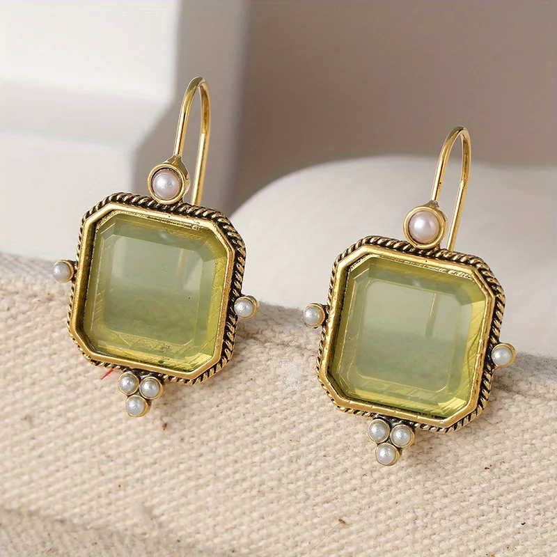 Vintage Intaglio 2024 New Trend Green Color Square Inlay Pearls Dangle Earrings For Women Party Birthday Antique Custom Jewelry image 2