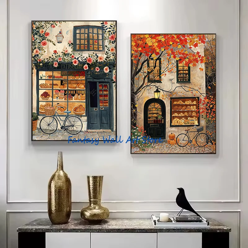 Cozy Autumn Winter French Street Patisserie Bakery Cafe Winter Bakery Watercolor Poster Canvas Painting Wall Pictures Home Decor
