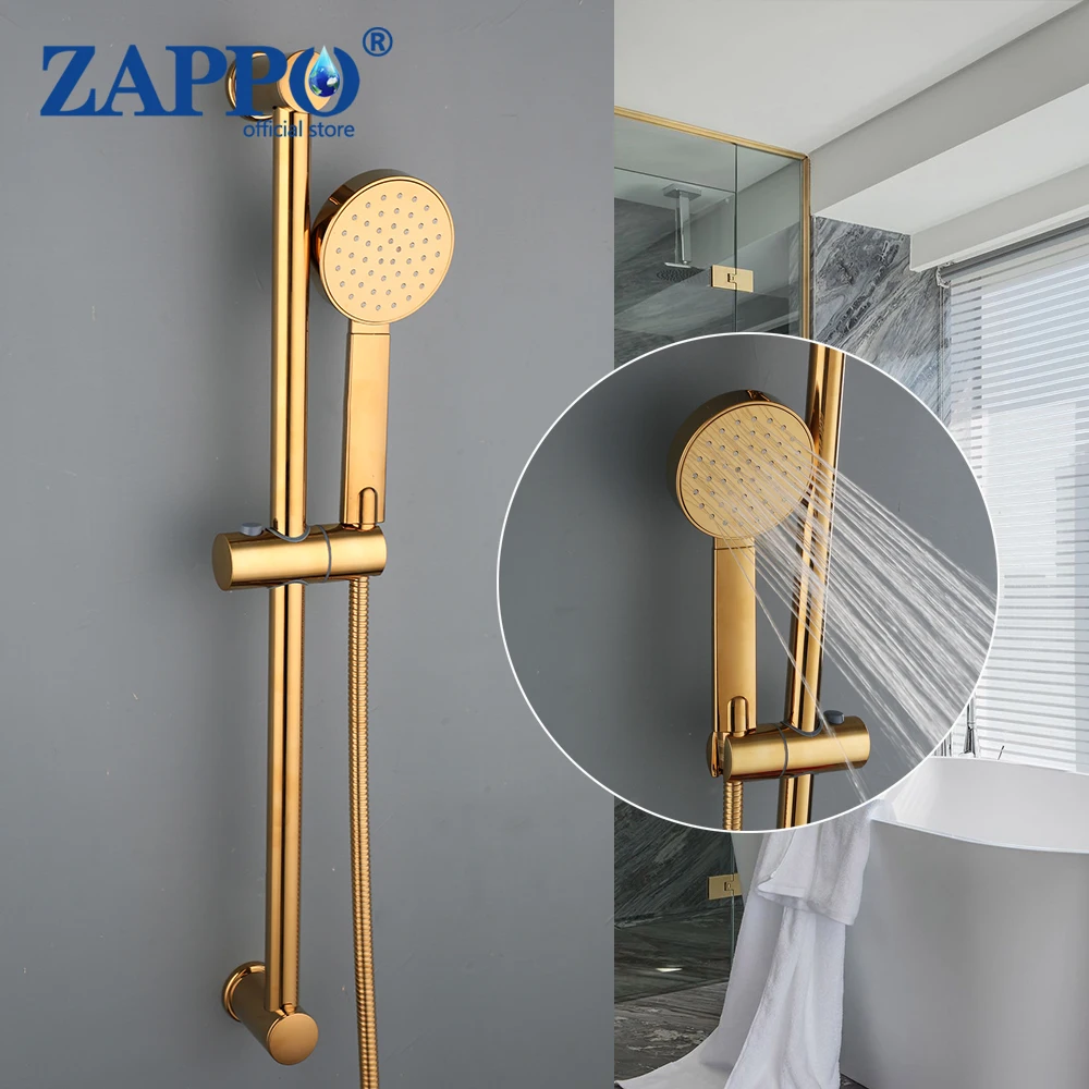 ZAPPO Gold Polished Shower Slide Bar, Handheld Shower with Slide Bar Shower Wand & Shower Bar Bathroom Shower Systerm