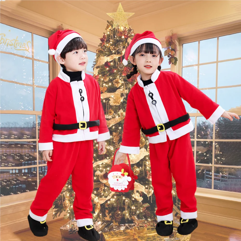 Zestaw świąteczny dla chłopców i dziewcząt z kapeluszem, ciepły świąteczny zestaw w kolorze czerwonym, kostium na występy sceniczne