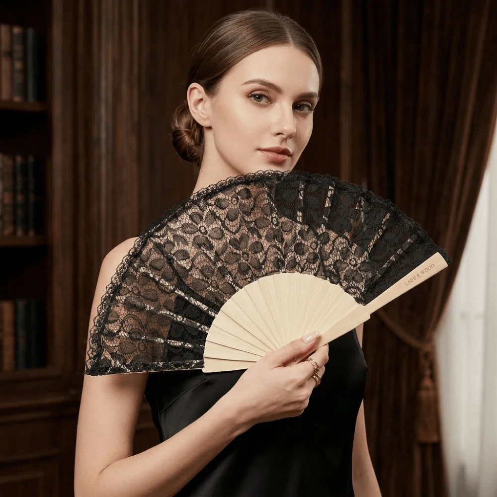 Classical Antique Style Lace Hand Fan Portable Floral Lace Vintage Lace Fan Lightweight Wedding Women's Folding Fan Tea Party