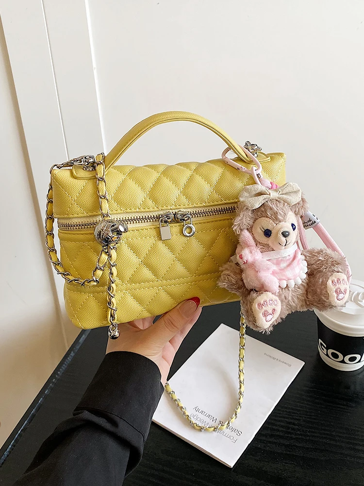 Spring Summer Chicken Yellow Diamond Chain Lunch Box Bag Women's Handbag Shoulder Crossbody Soft Square Bag Trendy PU Leather