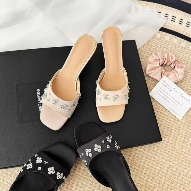 

Petal Rhinestone Satin Cat Heel Sandals Women's Slippers 2026 Summer New Elite Square Toe Thin Heel High Heels