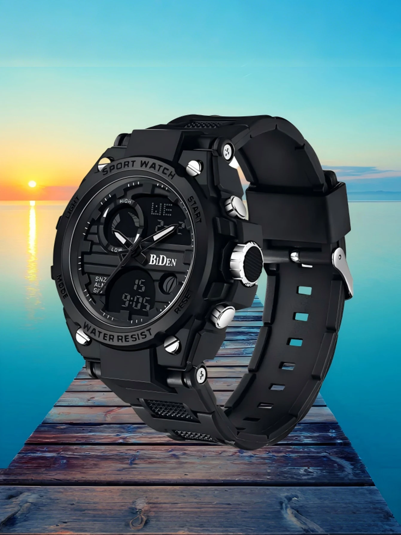 

BIDEN Men's sports watch military watch stopwatch LED digital backlight dual time display men's waterproof quartz watch
