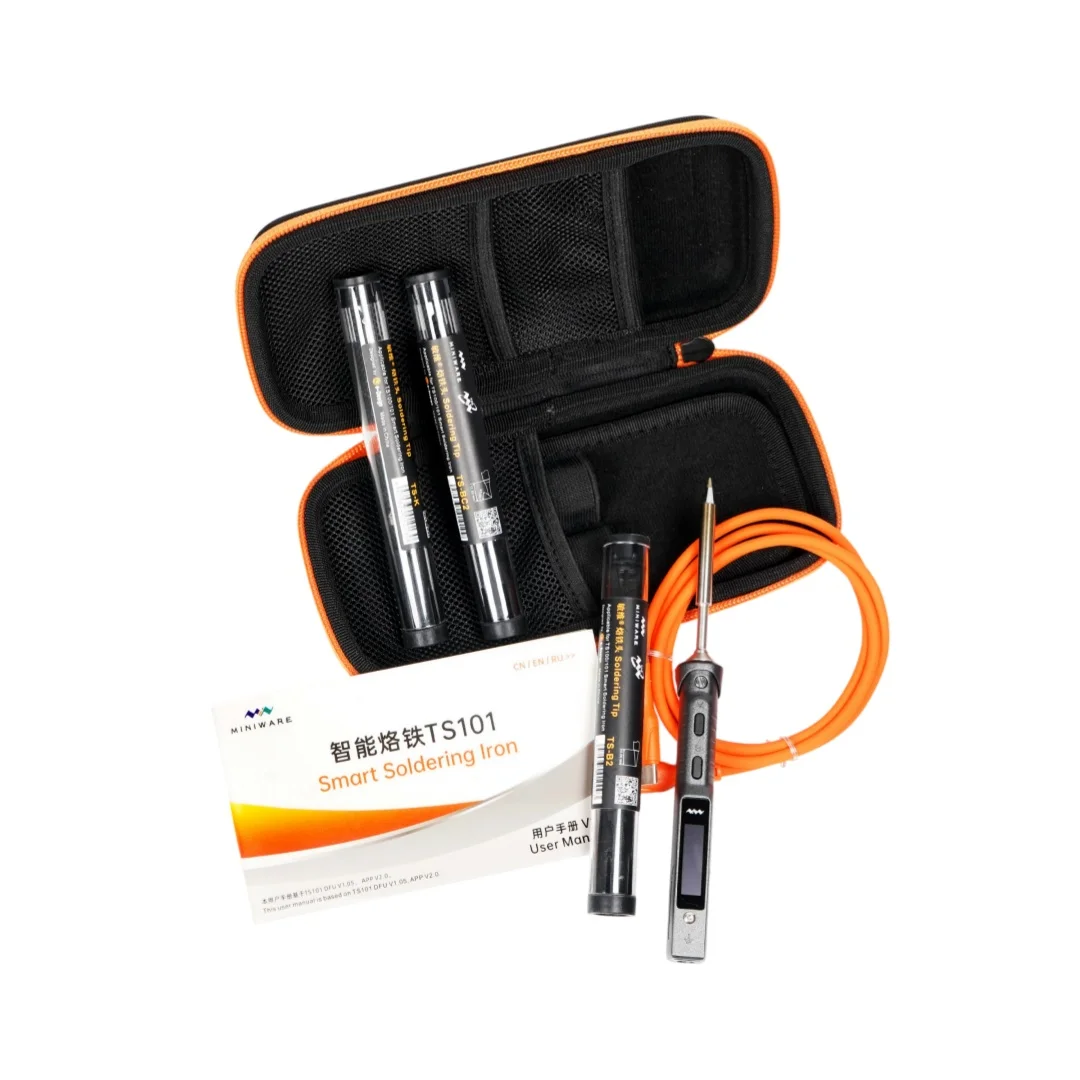 MINIWARE TS101 GO KIT: draagbare, slimme soldeerboutset met TS-B2-BC2-K-soldeerpunten en instelbare temperatuur, ideaal voor soldeergereedschap.