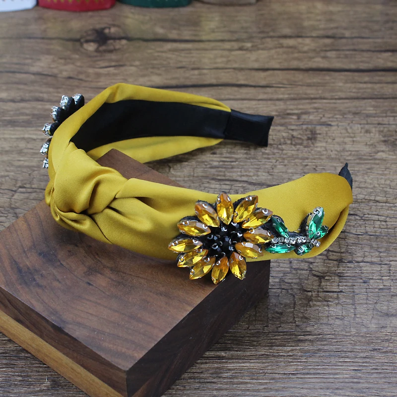 Cute Yellow Pink Flower Hairbands Crystal Rhinestone Bow Headbands For Women Girls Prom Hair Jewelry