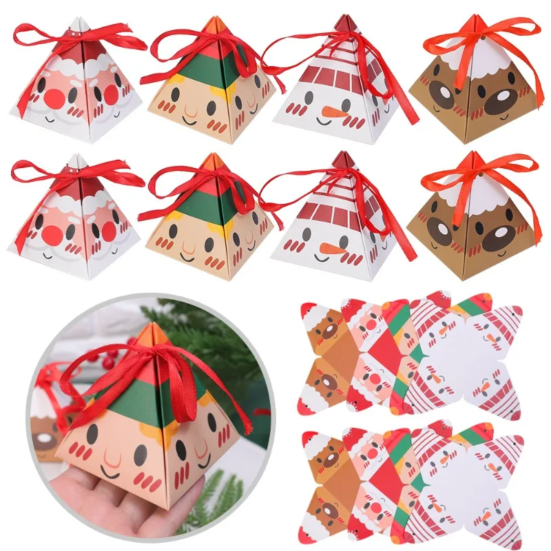 50/10Pcs Christmas Triangle Candy Box with Tie Santa Claus Reindeer Reindeer Snowman Pattern Party Xmas Tree Hanging Ornament