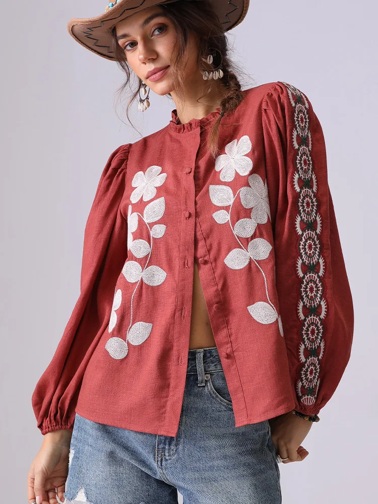 

Rust Red Floral Embroidered Women's Shirt Blouse Stand Collar Ruffled Shirt Fashion 2025 Spring And Summer Casual Women's Tops