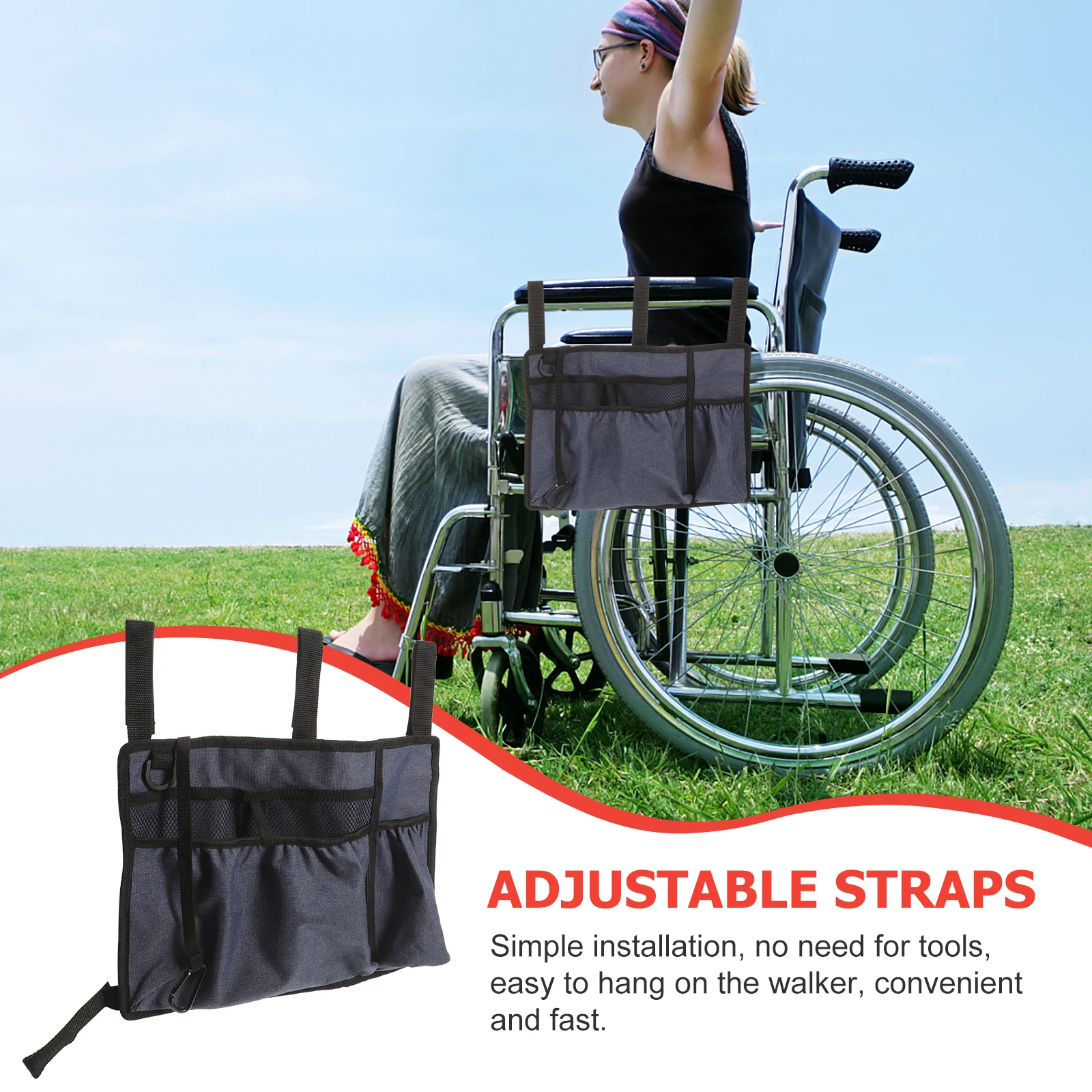 Gehhilfe-Tasche aus Oxford-Stoff, tragbarer Getränkehalter, Kinderwagen-Armlehnen-Organizer zum Aufhängen für Medikamente, Handy-Geldbörse, Gehhilfe-Tasche