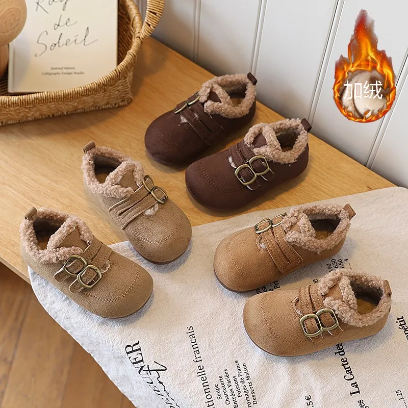 Toddler Girls Cozy Plush Leather Shoes 2026 New Winter Kids Warm-lined Mary Jane Flats Non-slip Classic Retro School Daily Wear