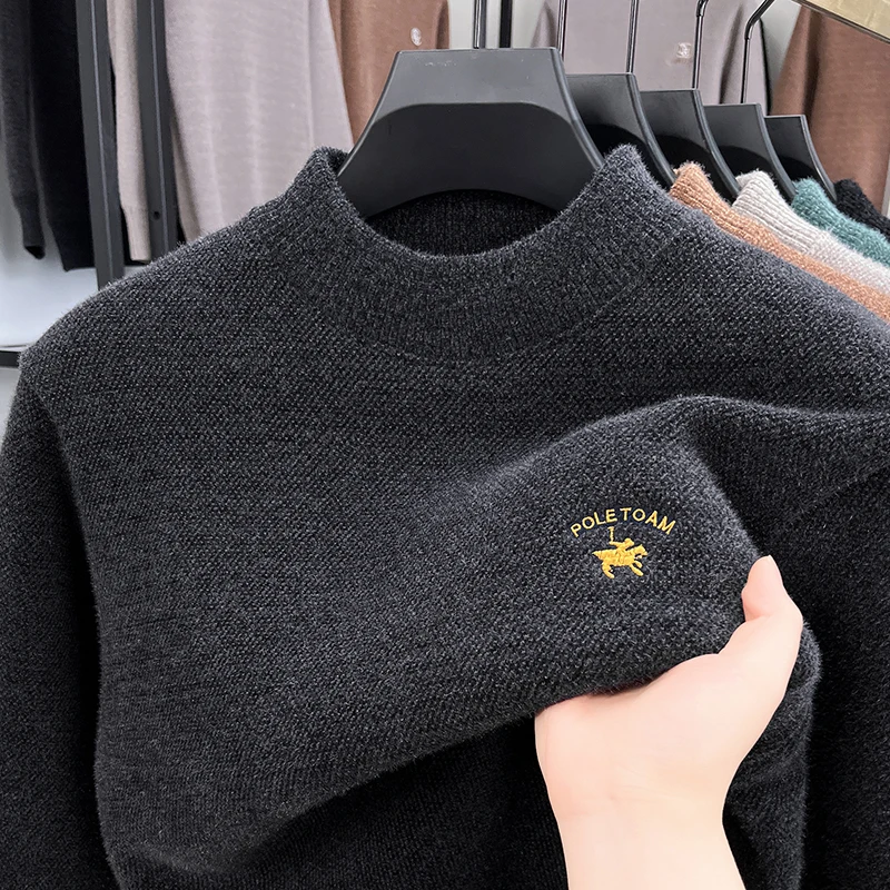 

High end luxury brand knitted round neck sweater autumn winter warm plush pullover fashion pony embroidery Paul new men's wear