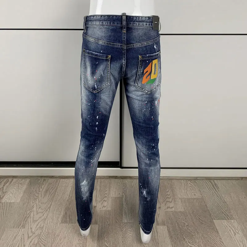 Men Antique Blue Sand Wash Art Print Ripped Abrasion Stretch‑Fit Denim Jeans Youth High Street Trend Denim JeansY2K