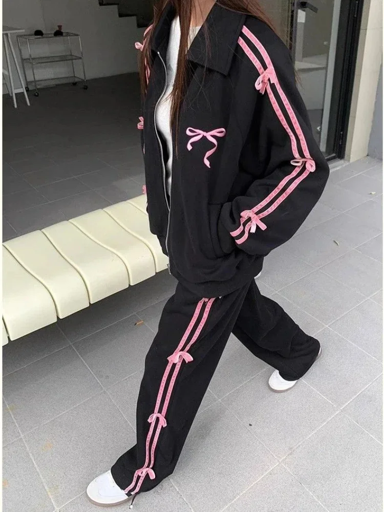 

Deeptown Sweet Coquette Women Pant Sets Y2k Bow Korean Style Tracksuits Set Casual Kawaii Female Streetwear Two-piece Ladies Set