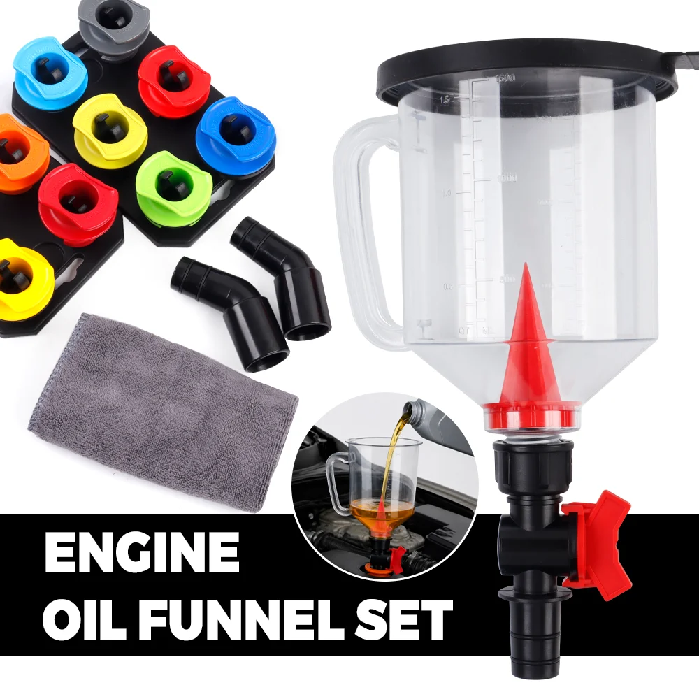 19-IN-1 Spill-Proof Engine Oil Funnel Kit, 1.5L Automotive Oil Funnel Set, with Interface & Elbow Fitting, Arrow Screen Magnetic