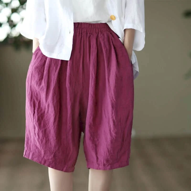 Cotton Linen Shorts Women Summer Solid Loose Five-point Shorts Casual Vintage Pocket Elastic Waisted Short Pants Women Clothing